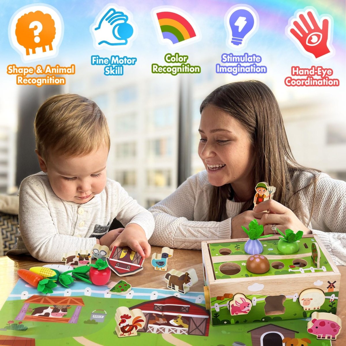 Montessori Carrot Toy with Animals, Storage, Shapes & Sorting