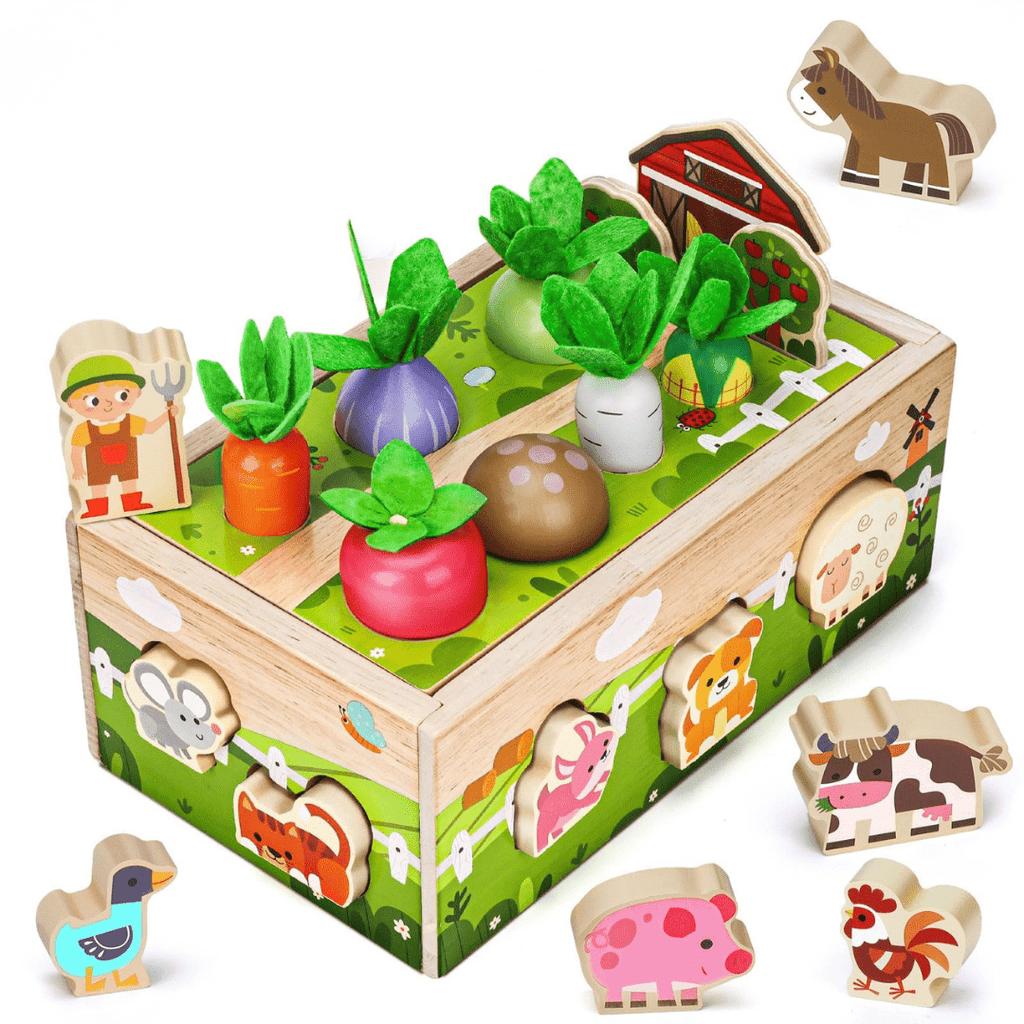 Montessori Carrot Toy with Animals, Storage, Shapes & Sorting