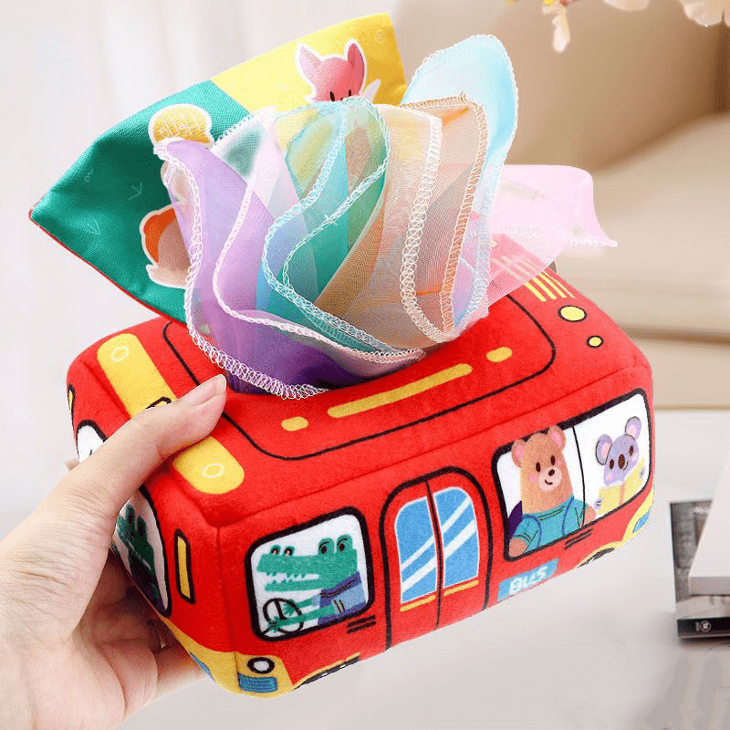 Montessori Tissue Box Toy with Silk, Animals, Numbers & Letters