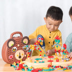 Montessori Toolbox Set with Drill, 204 Pieces in Bear & Dog Suitcase