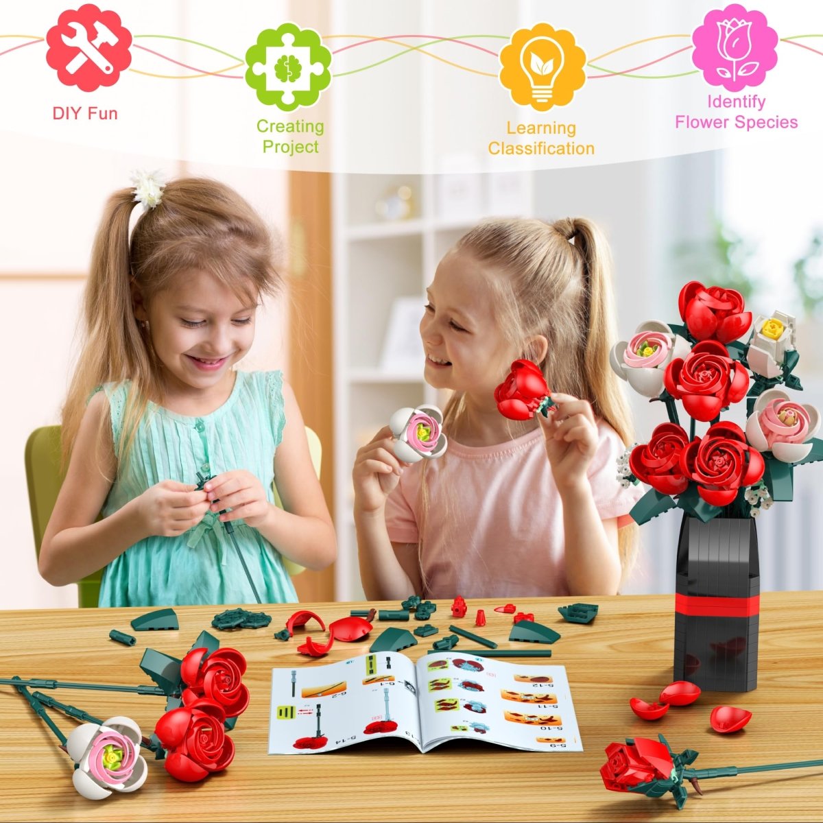 Rose Bouquet Building Kit, 841 PCS DIY Floral Display with Vase