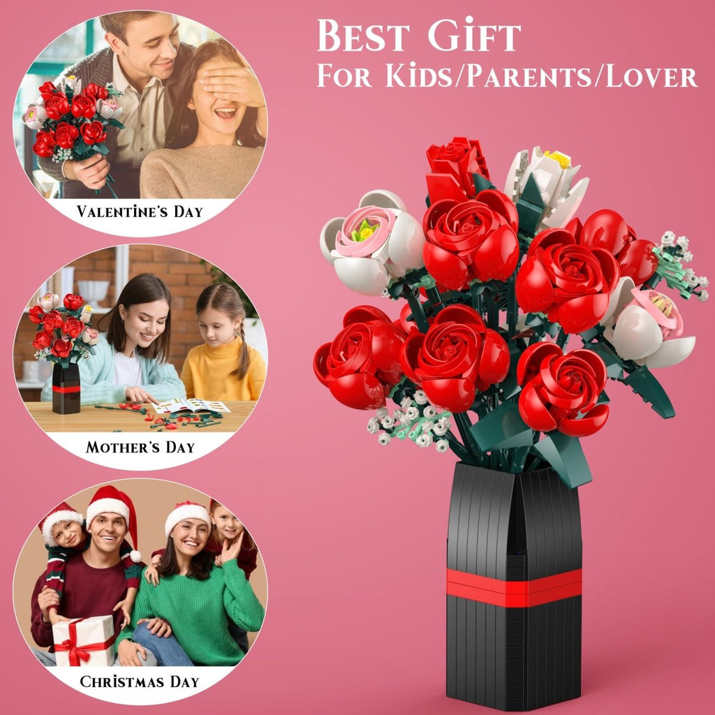 Rose Bouquet Building Kit, 841 PCS DIY Floral Display with Vase