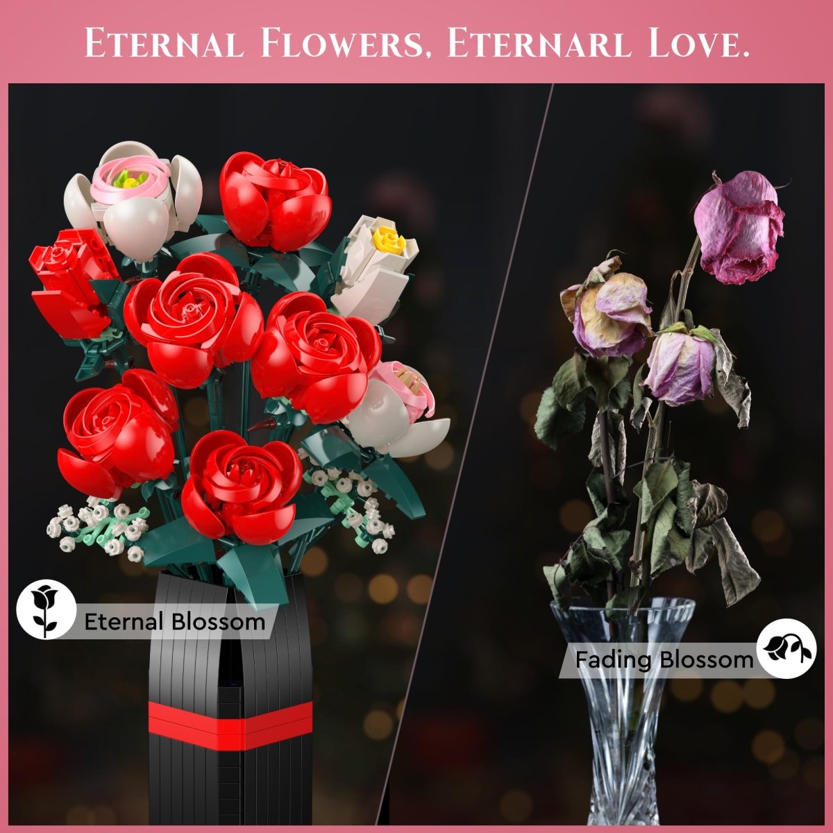 Rose Bouquet Building Kit, 841 PCS DIY Floral Display with Vase